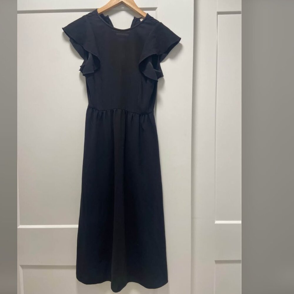 Aritzia Wilfred Fleurette Black Midi Dress Flutter Sleeve A Line Flowy Pockets